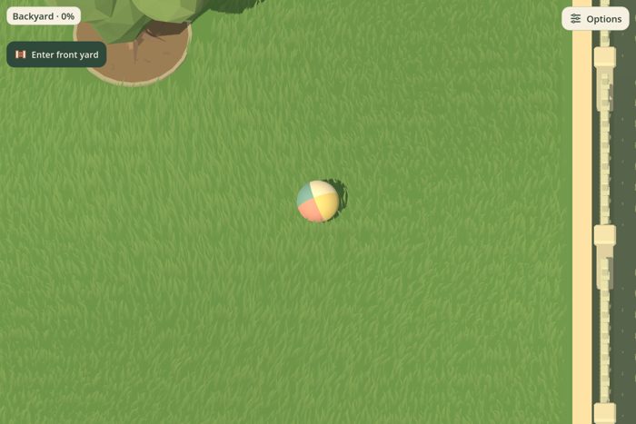 A colorful ball on Buttercup House's backyard grass, ready to nudge with the mower.